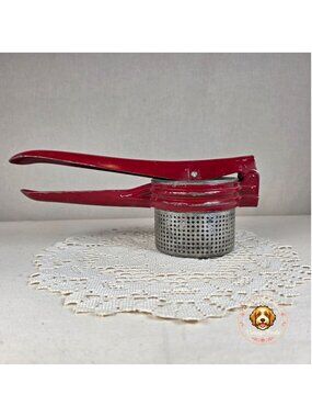 Vintage Handy Things Red & Silver Metal Potato Ricer With Perforated Basket 11"